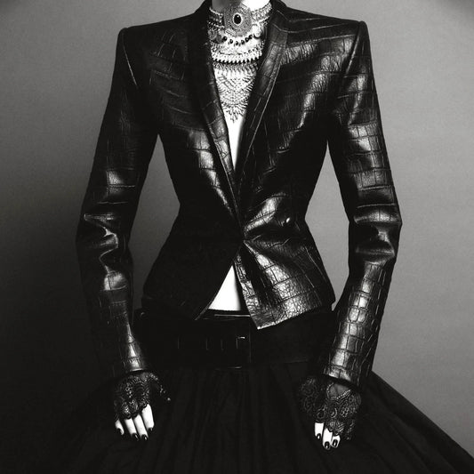 Embossed faux leather fitted blazer with structured shoulders