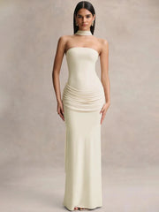 Strapless Choker Neck Gathered Waist Maxi Dress