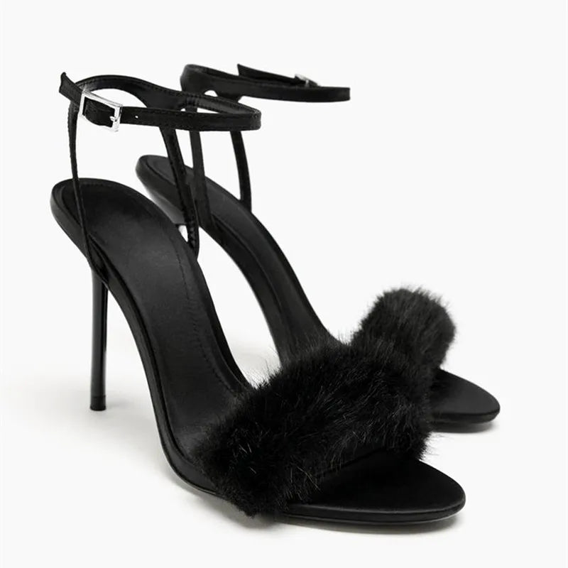 Black faux fur strap stiletto heel sandal