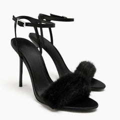 Black faux fur strap stiletto heel sandal