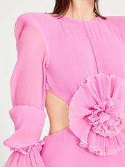 Romantic pink appliqué dress designed for feminine celebration
