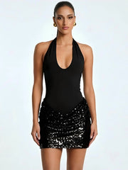 Cross Neck Ruched Sequin Mini Dress