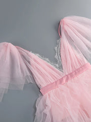 Pink V-Neck Ruffle Tulle High Slit Dress
