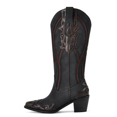 Side Zipper Embroidery Flower Western Cowboy Boots