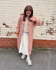 Red Gingham Lapel Long Trench Coat