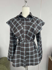 Plaid Lapel Collar Belted Shirt
