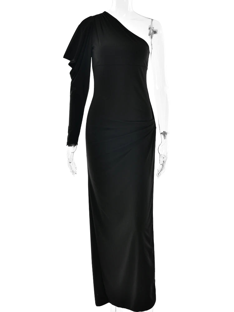 Black one-shoulder dress on a mannequin against a white background
