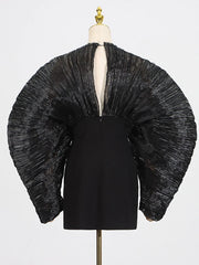 Black Pleated Puff Sleeve Mini Dress
