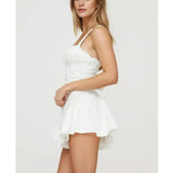 White Ruched Corset Bodysuits Cross Lacing Up Back Romper