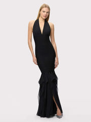 Halter neck ruffle mermaid dress front view