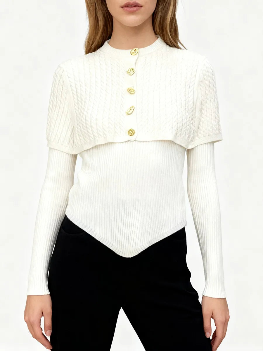 Slim knit long sleeve top featuring a structured shawl layer