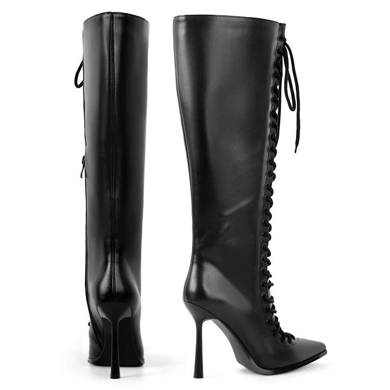 Back view of lace-up pointed toe knee-high boots with stiletto heel