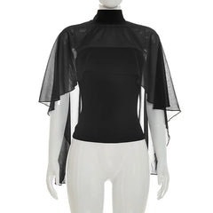 Black Sheer Cape Overlay High Neck Top
