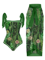Floral Print Tie-Strap Bikini and Sarong Set