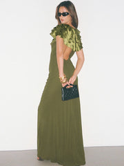 Back view of green O-neck sleeveless maxi dress