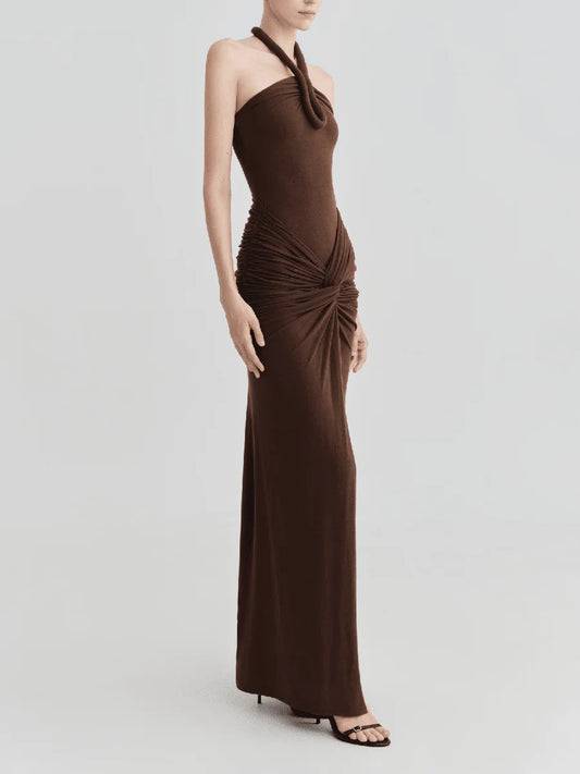 Brown halter neck ruched maxi dress side view