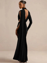 High Neck One Long Sleeve Draped Cutout Waist Maxi Dress