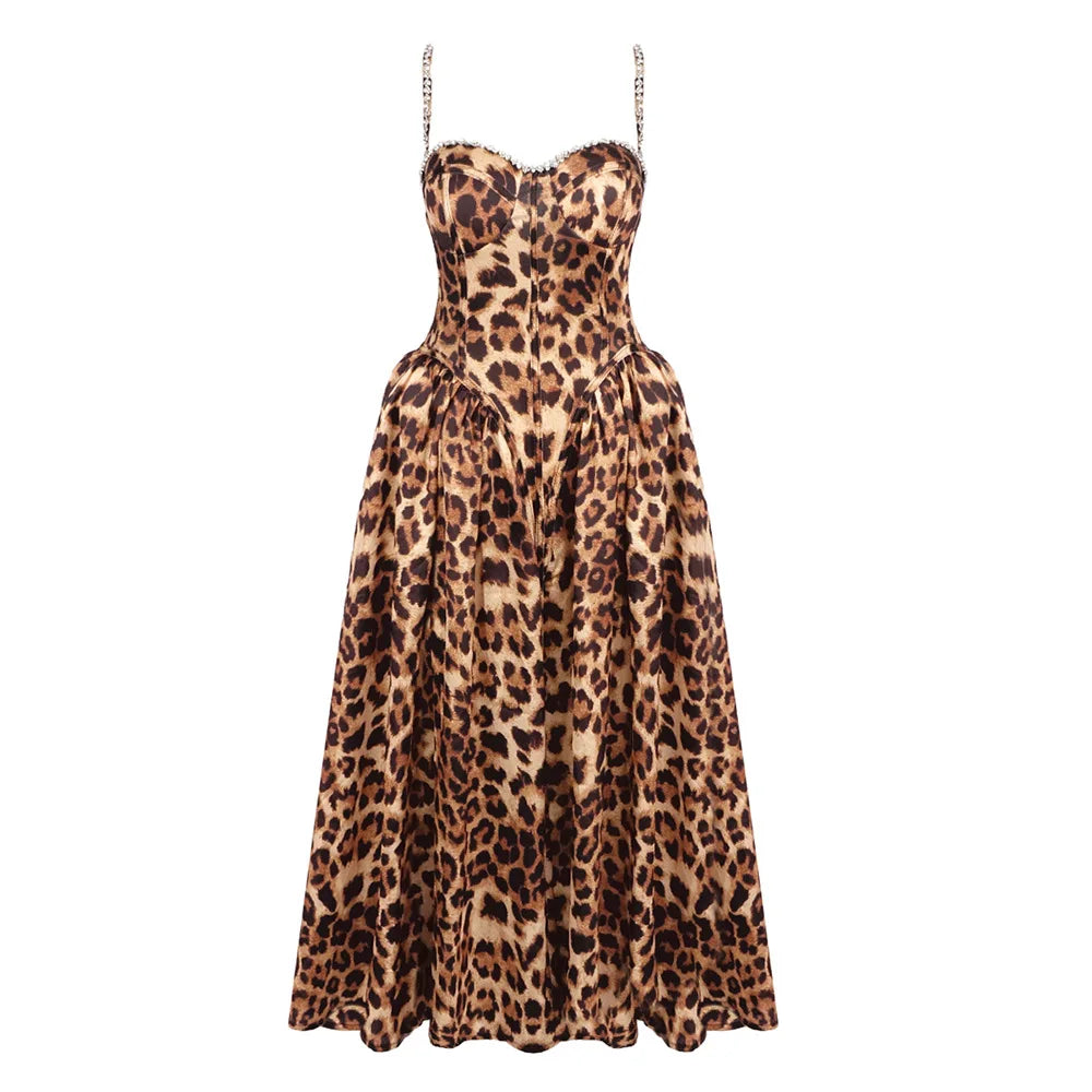 Leopard print dress with thin straps on a white background