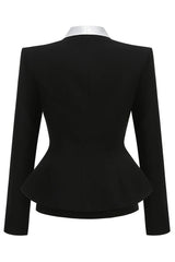 Peplum Blazer with Contrast Lapel and Flower Brooch
