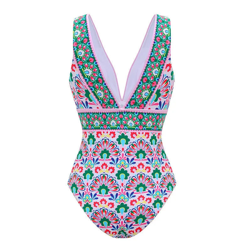 Close-up of the vibrant print one-piece swimsuit.