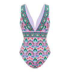 Close-up of the vibrant print one-piece swimsuit.