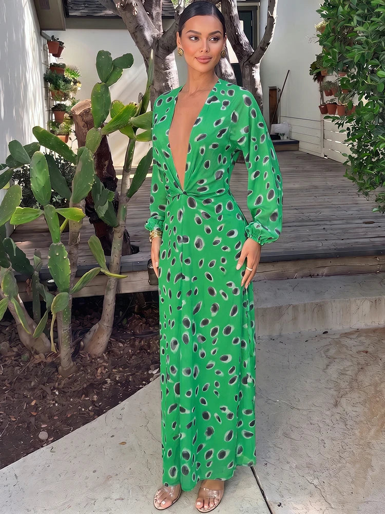Abstract spot print V-neck maxi dress with long sleeves and high slit