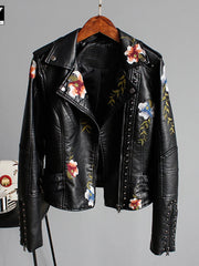 Embroidery Faux Soft Leather Rivet Jacket