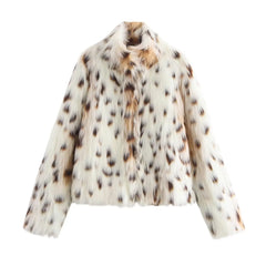 Faux fur coat with a spotted pattern on a white background