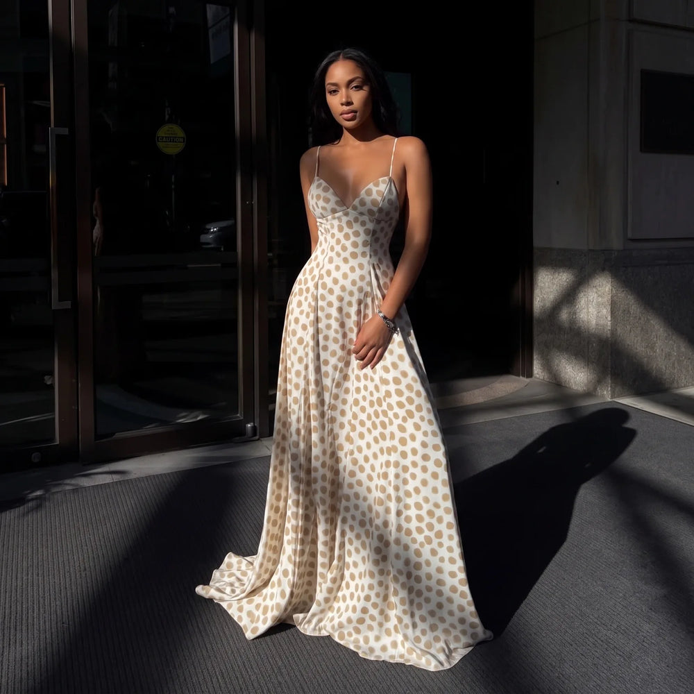 Polka dot maxi dress with spaghetti straps.