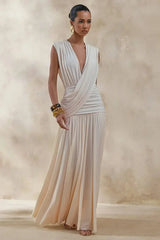 Draped V-Neck Ruched Waist Maxi Dress