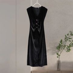 Black Velvet V-Neck Sleeveless Padded Shoulder Midi Dress
