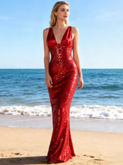Elegant red sequin gown designed for party and gala occasions
