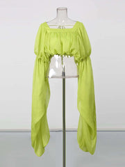 Flowy Draped Puff Sleeve Square Neck Crop Top