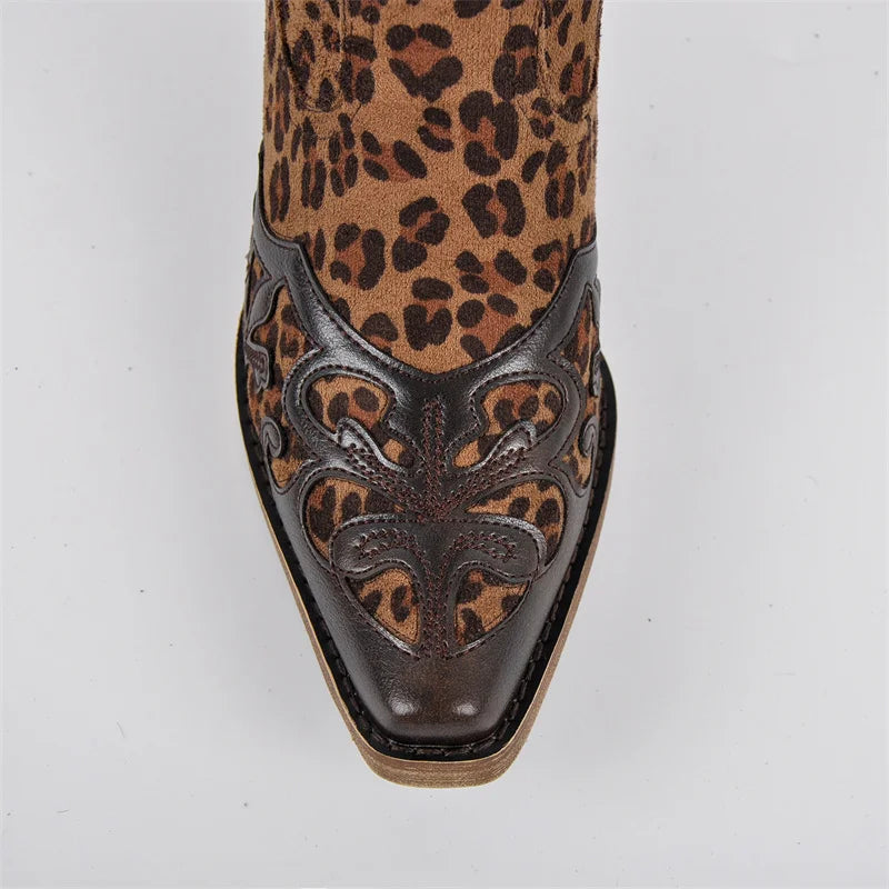 Close-up of the pointed square toe on leopard print boots
