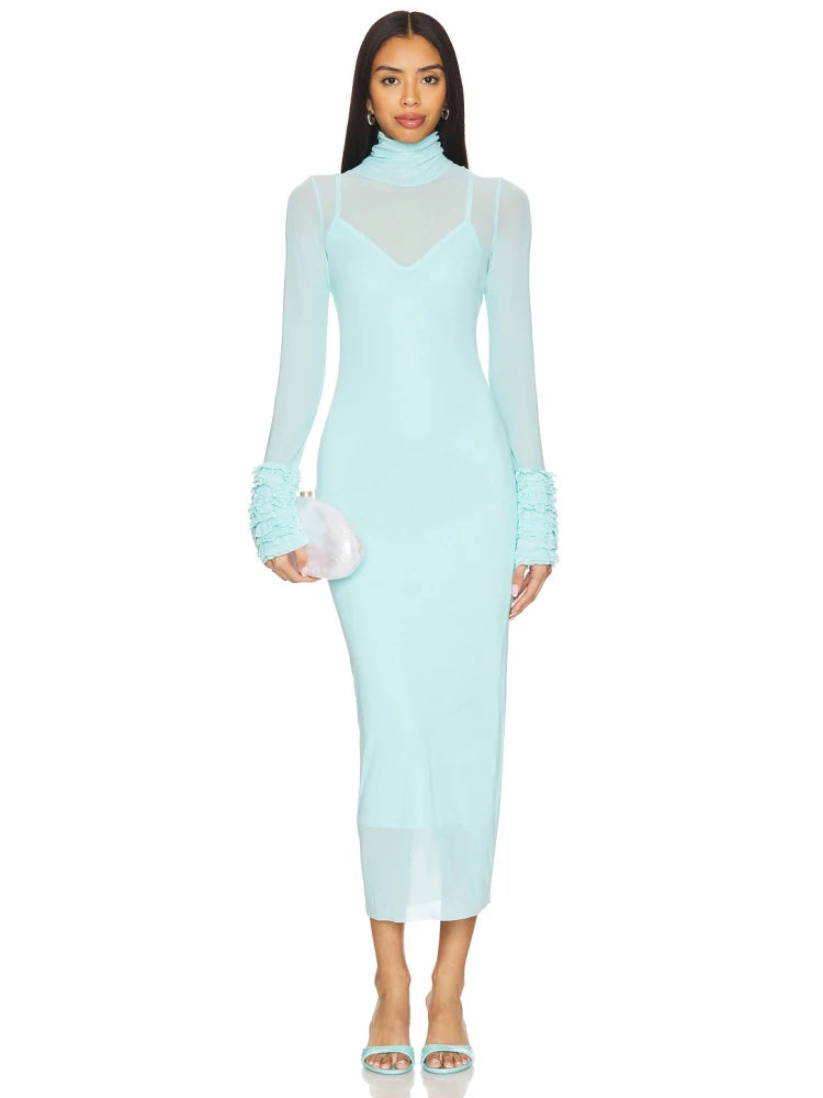 Turtleneck ruffle-cuff mesh patchwork midi dress.

