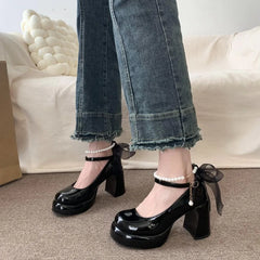 Pearl Chain Platform Block Heel Lolita Shoes