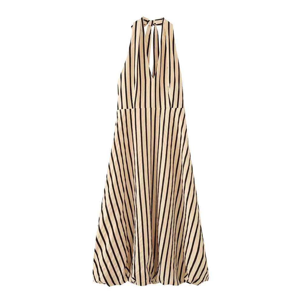 Striped halter neck midi dress displayed from the side