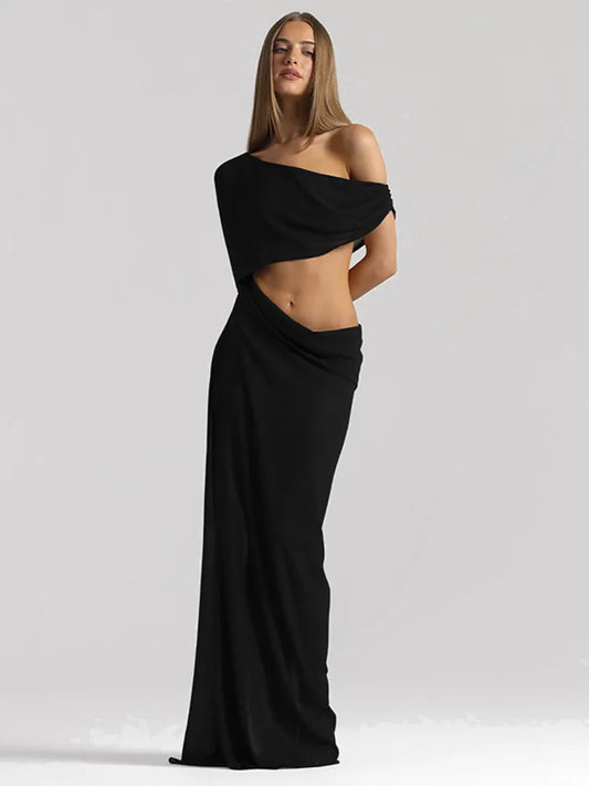 Draped Cutout One-Shoulder Maxi Dress in black