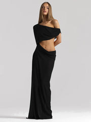 Draped Cutout One-Shoulder Maxi Dress in black