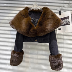 Black denim jacket with oversized faux fur collar and cuffs