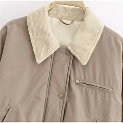 Brown Corduroy Collar Zipper Bomber Jacket