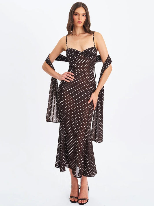 Polka dot maxi dress with spaghetti straps and sweetheart neckline