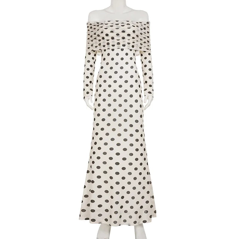 White off-shoulder dress with black polka dot pattern 