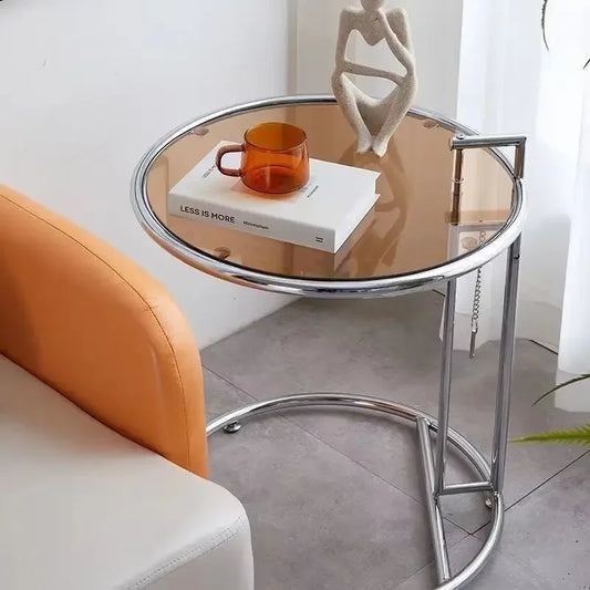 Brown Glass C-Shaped Geometric Round Sofa Table