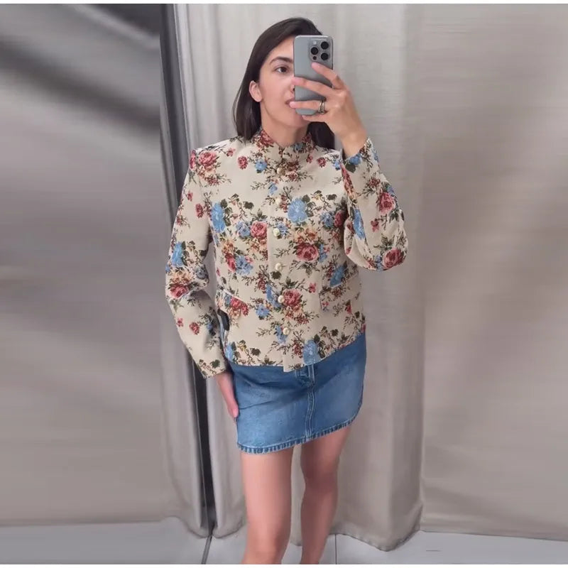 Floral mandarin collar cropped jacket worn with denim skirt