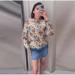Floral mandarin collar cropped jacket worn with denim skirt