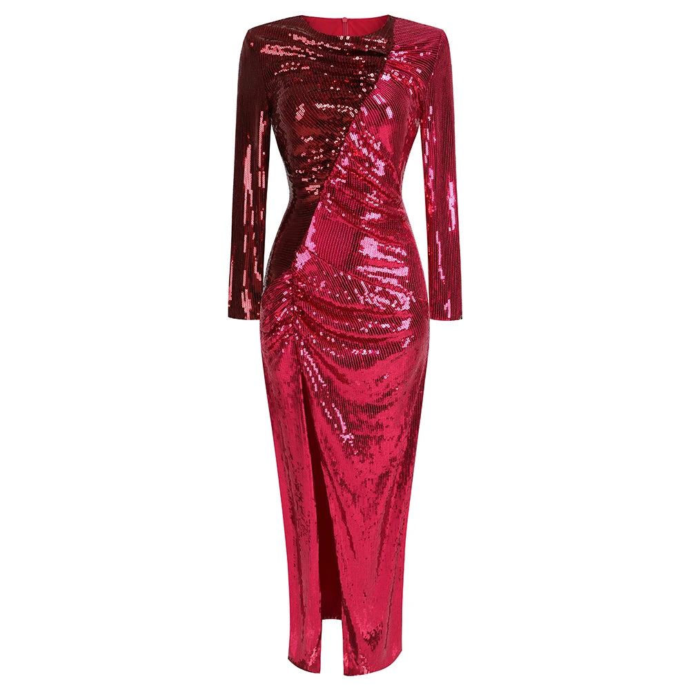 Red sequin dress with long sleeves on a white background