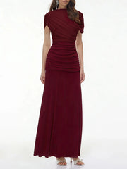 Burgundy ruched shawl neck maxi dress