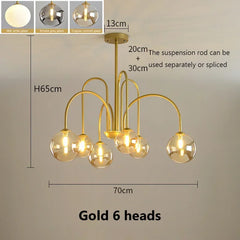 Gold chandelier with dimensions and glass color options on a beige background