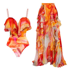 Abstract Print Ruffled Swimwear Set